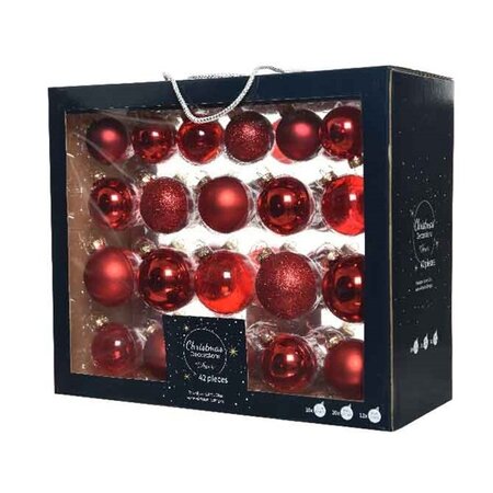 42 kerstballen kerstrood assortie in showdoos