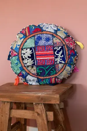 Kussen handgemaakt Patchwork Poefjuh Donker Blauw
