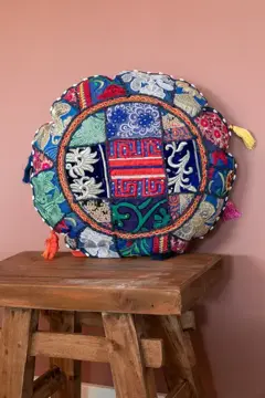 Kussen handgemaakt Patchwork Poefjuh Donker Blauw