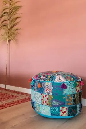 Poef handgemaakt Patchwork Poefjuh Licht Blauw