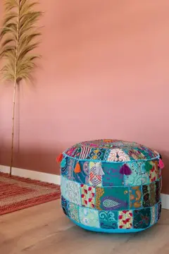 Poef handgemaakt Patchwork Poefjuh Licht Blauw